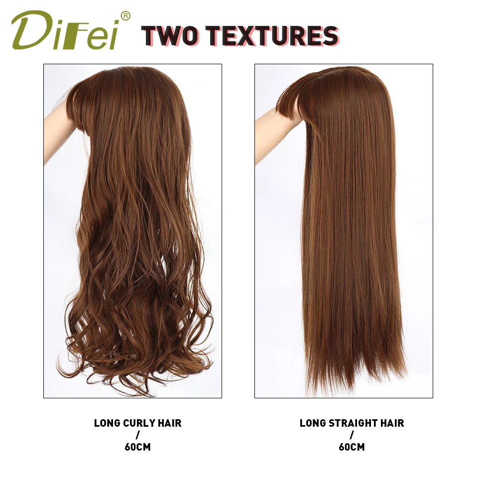 DIFEI Synthetic Long Wavy Hair Topper With Bangs Fake Hair Toupee Replacement Block  3D Air Bangs Hair Clip-In Hair Extension