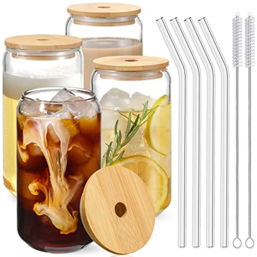 Drinking Glasses with Bamboo Lids and Glass Straw 4pcs Set - oz Glass Cups, Iced Coffee Glasses, Cute iced Tea Glasses, Beer Gl