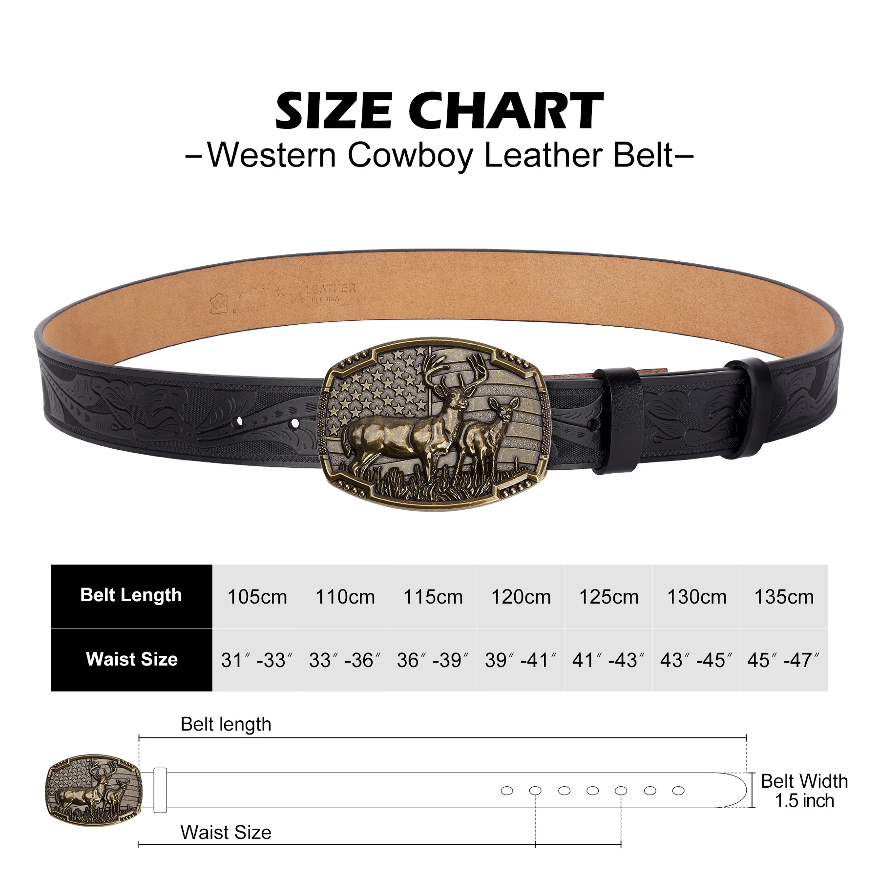 BISON DENIM Western Genuine Leather Belts Vintage Deer Pattern Buckle Cowboy Cowgirl Belt Good Gift for Husband Father Boyfriend