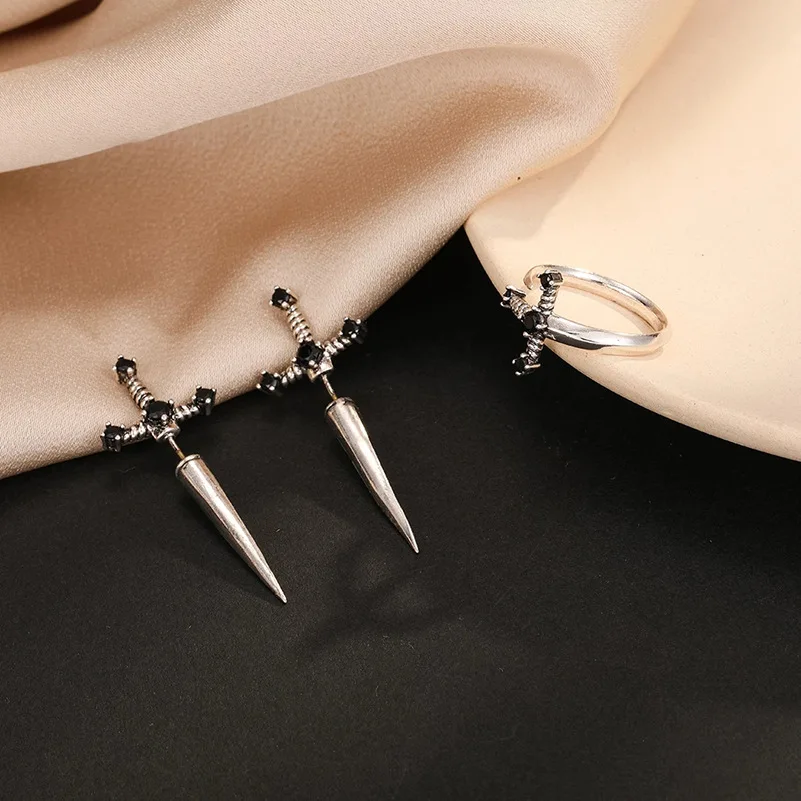 Gothic Cross Sword Earrings For Women Creative Zircon Silver Color Dagger Exaggerated Earrings Jewelry Gift