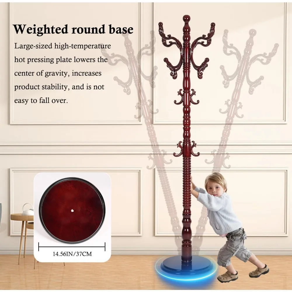 شجرة معطف خشبية قوية مع 14 خطافًا، رف عالي التحمل قائم بذاته بقاعدة مستديرة، لمسة نهائية من خشب البتولا الطبيعي