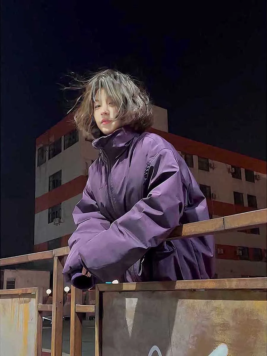 

Thiened Purple Bomber Jaet ex Winter Warm Wide ape Cotton Clothes Stand Collar ort Sle Bread Sle Coat