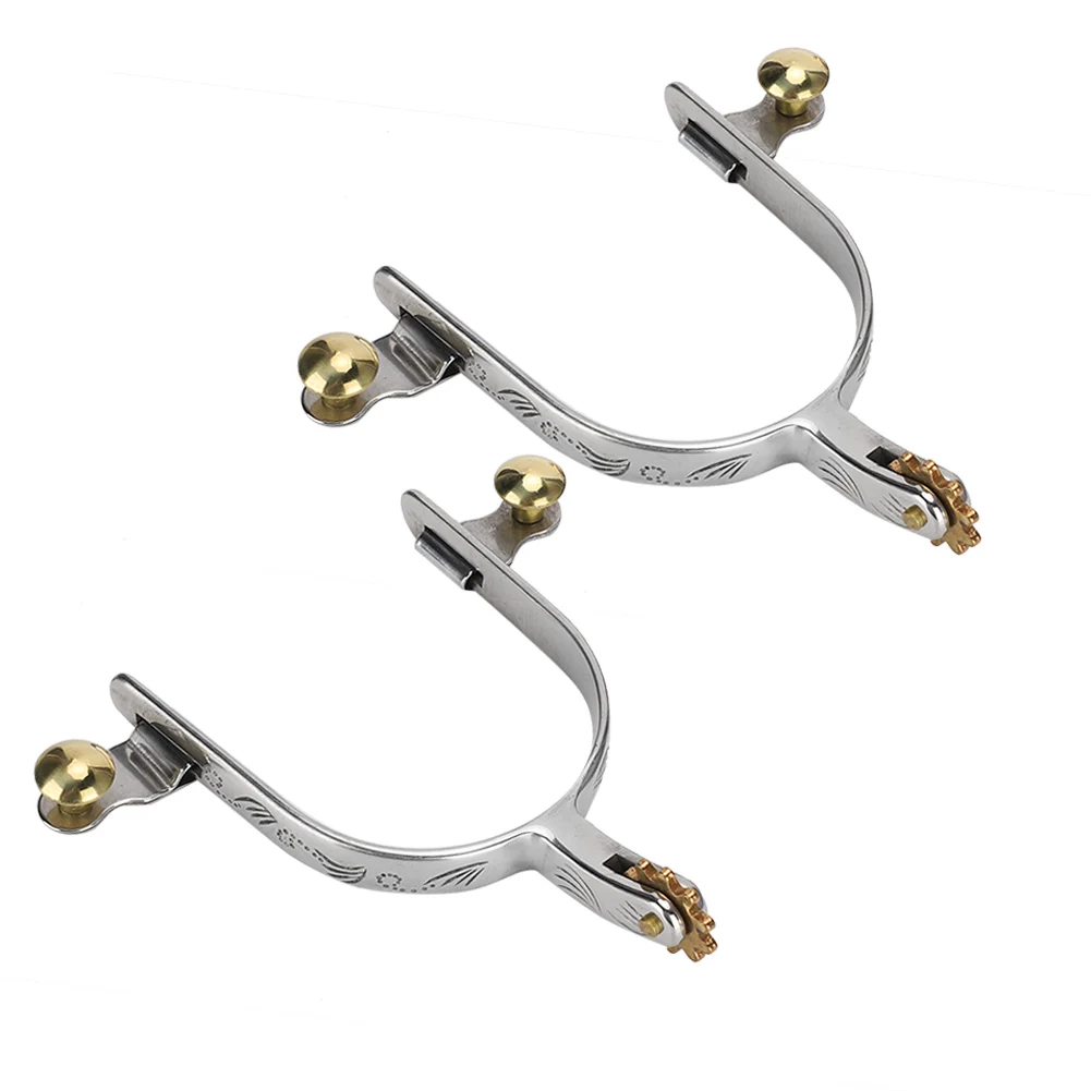 2Pcs Horse Spurs Stainless Steel Lightweight West Cowboy Style Horse Spurs with Brass Rowel Belt Button for Horse Training