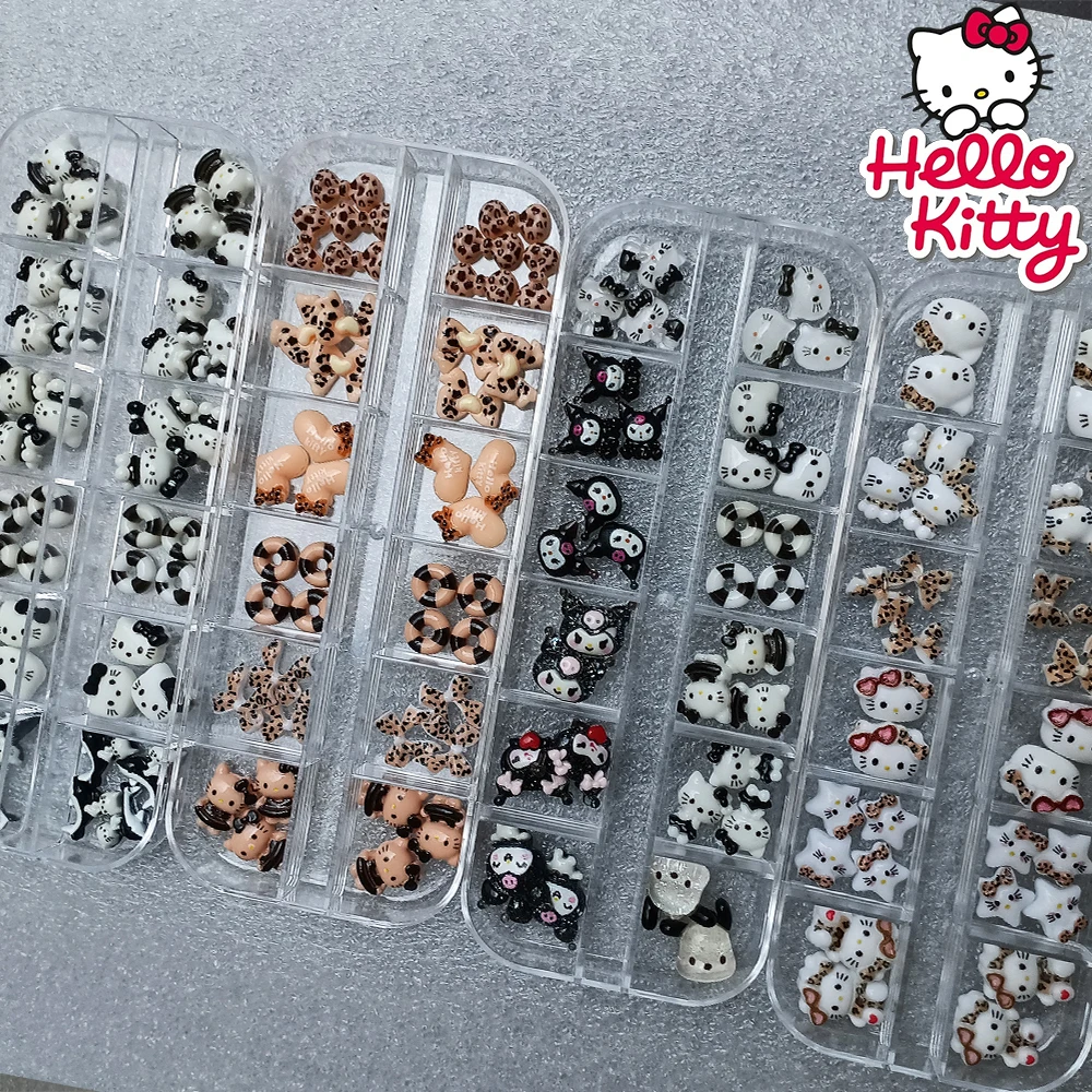 12 グリッドチョコレートヒョウ柄ハローキティネイルチャーム樹脂秋冬シリーズかわいい漫画ネイルデコレーションマニキュア DIY