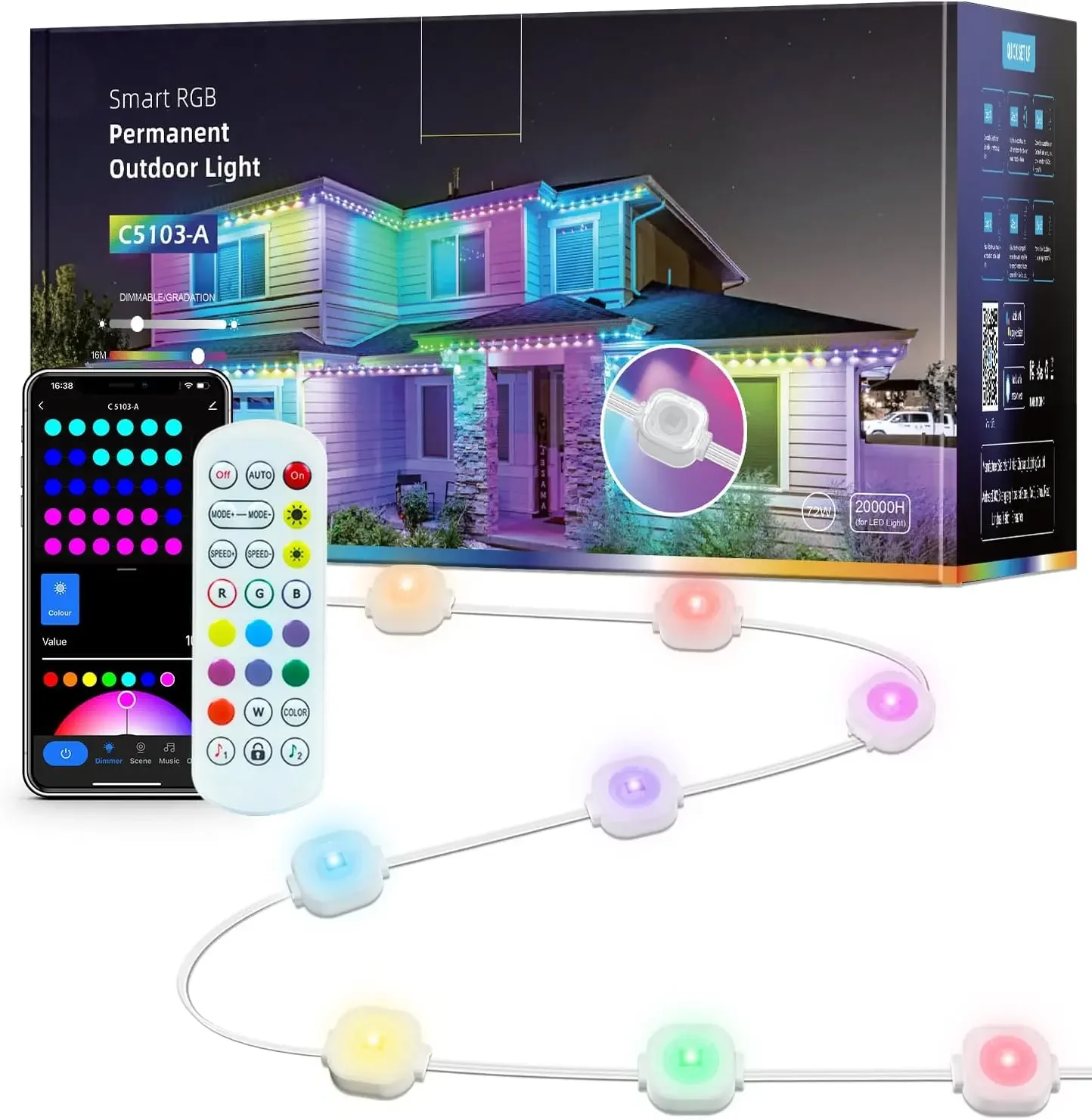 36 Led High Quality Smart Wifi Bluetooth Rgb Music Rhythm Christmas Permanent Outdoor Lights for House Eave Holiday