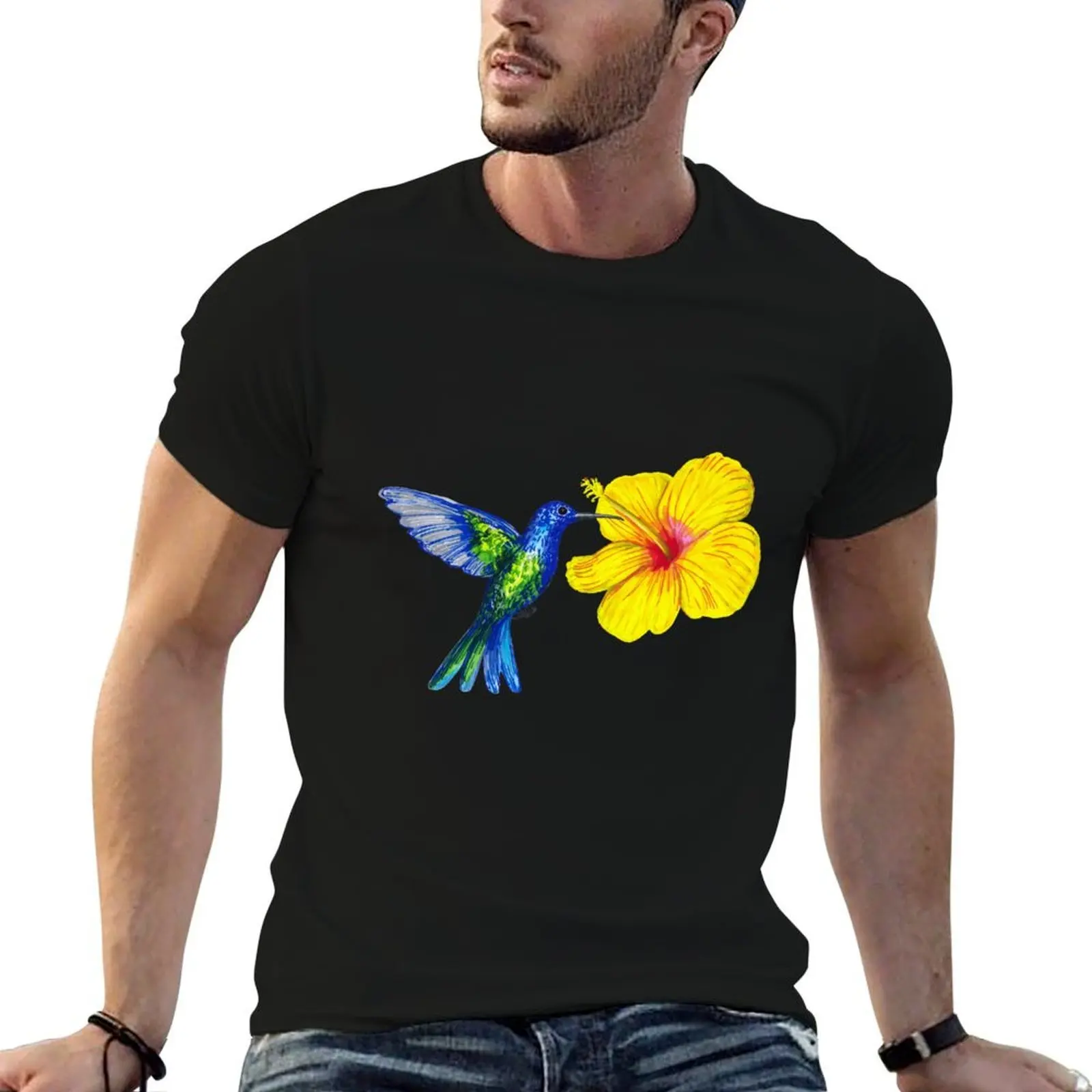 camisa de algodón pack camiseta lisa con flor. Camiseta amarilla para hombre, camisa para hombre, colibri t hibiscus, lujo azul