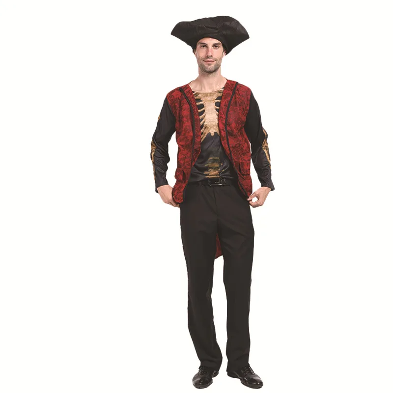 Caribbean Halloween red pirate Cosplay Black Suit Costumes Carnival Party for Adult man Ocean Captain