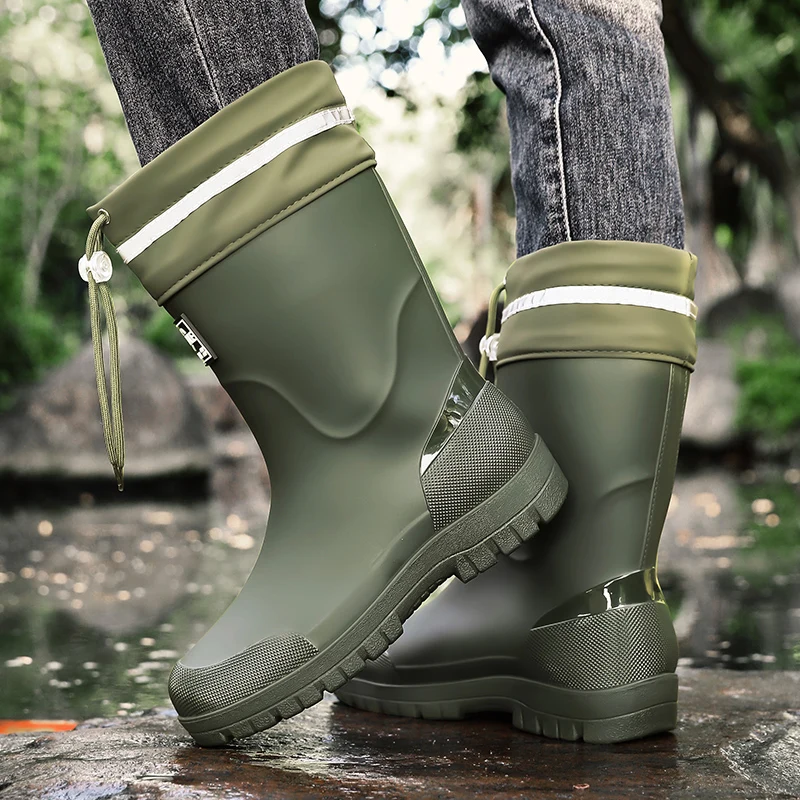 Men's Mid-Calf Drawstring Rain Boots, Waterproof Thick-Soled Commuting Fishing Outdoor Rain Shoes view 6