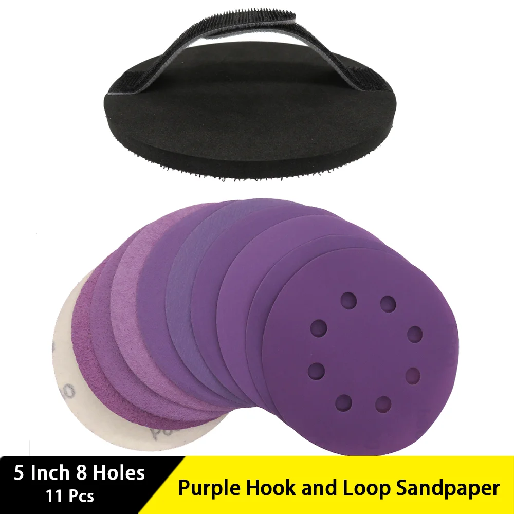 5 Inch 8 Holes Purple Hook and Loop Sandpaper 11 Pcs with Sander Hand Attachment for Polishing and Sanding Cars Wood Metal