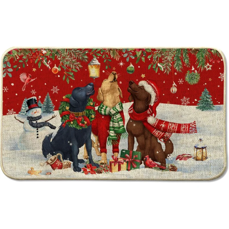 Merry Christmas Dog Front By Mat Indoor Outdoor Entrance, Xmas Snowman Winter Washable Non-Slip Rubber Red Doormat