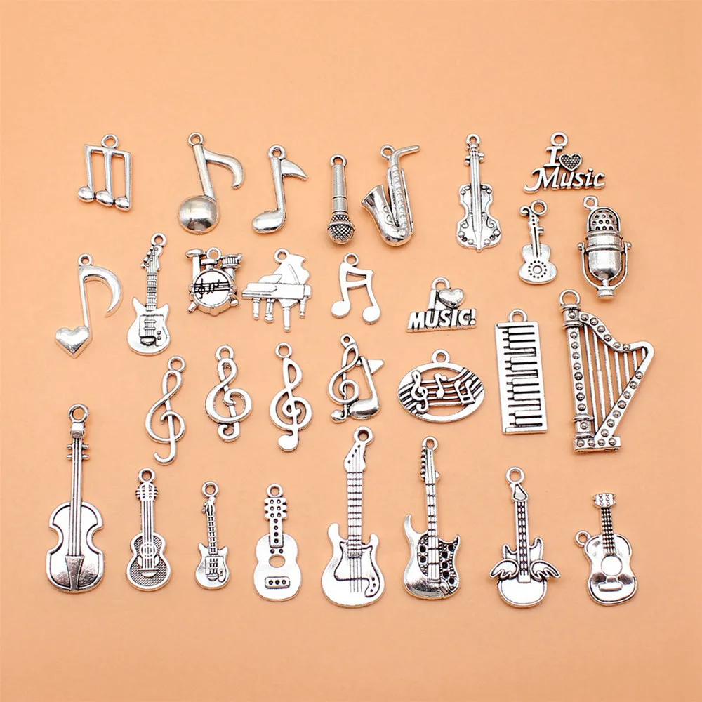 30pcs/lot Music Note Musical Instrument Guitar Violin Harp Microphone Piano Saxophone Charms Collection For Jewelry Making