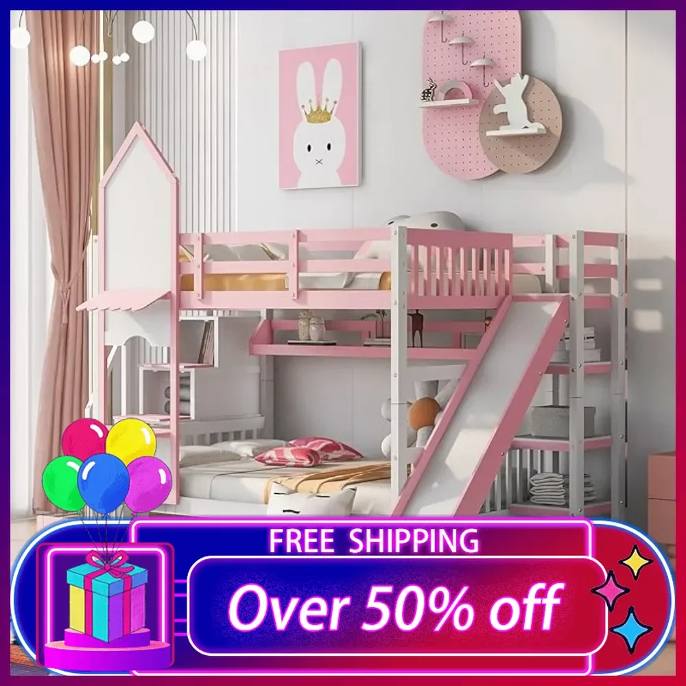 Full-Over-Full Pink Bed,Castle Style Bunk Bed with 2 Drawers and 3 Shelves,Solid Wood Bunk Beds with Slide and Storage Staircase