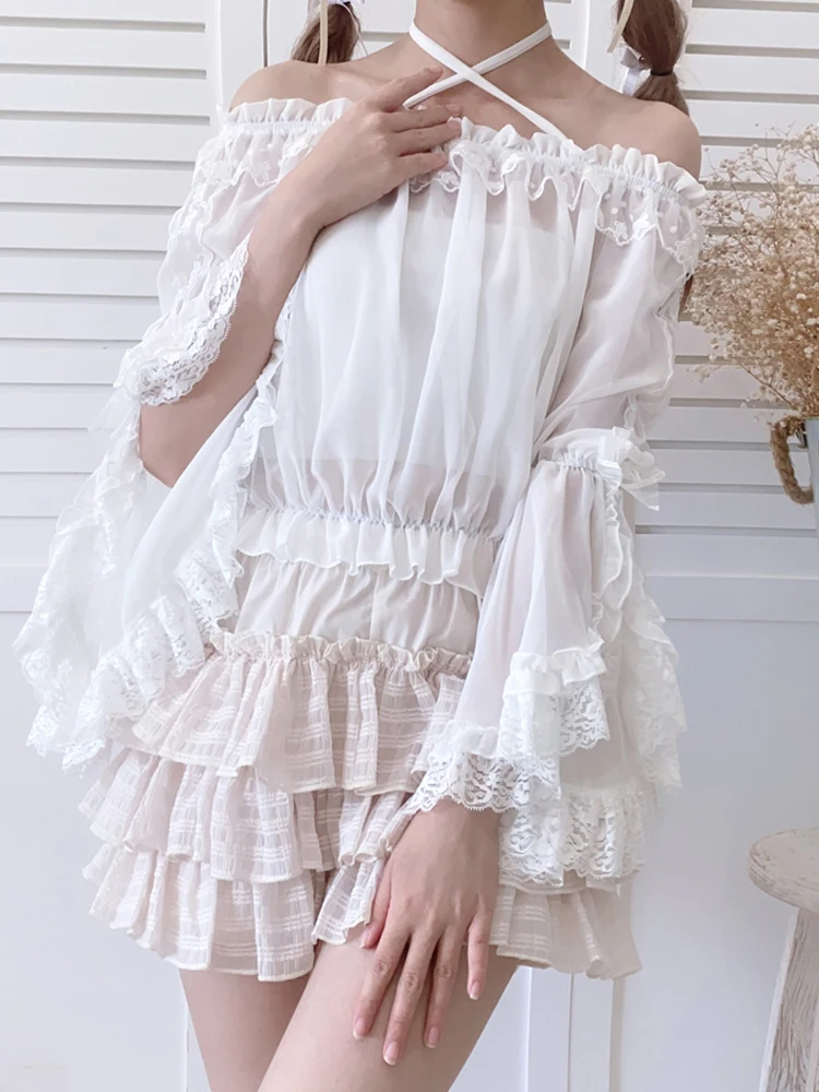 KIMOKOKM Sweet Lolita Women\'s Blouses Shirt Retro Slash Neck Lace Ruffled Cute Full Sleeve Girly Loose Pullover Gothic Shirt