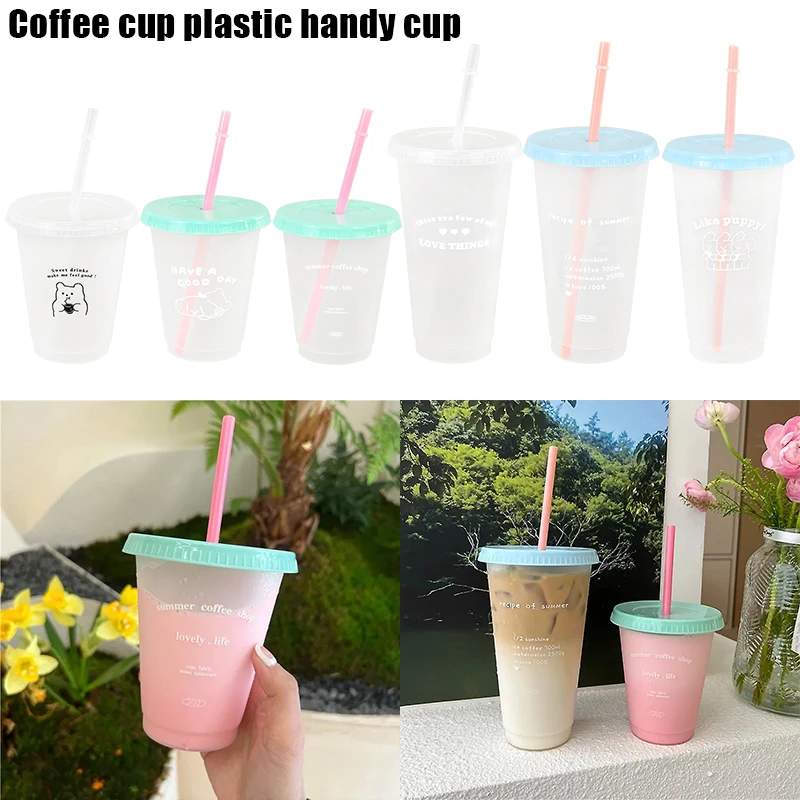 

1pc Cute Cartoon Water Bottle Summer Juice Coffee Cup with Straw Lid 480/700ml Large Capacity Cup Portable Reusable Drinking Cup