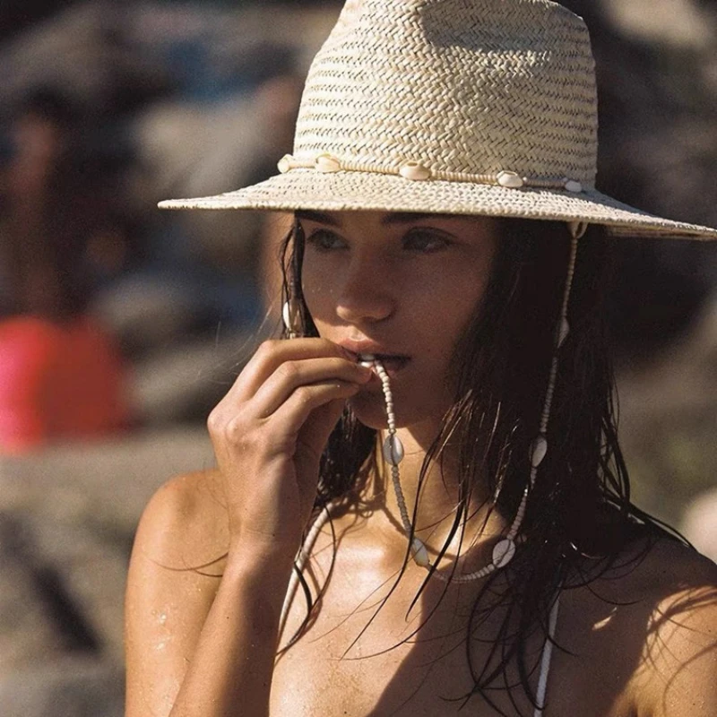 Summer Panama Hats for Women Sun Hat with Long Shell Conch Chain Straw Hats Vintage Style Fedora Female Outdoor Travel Beach Hat
