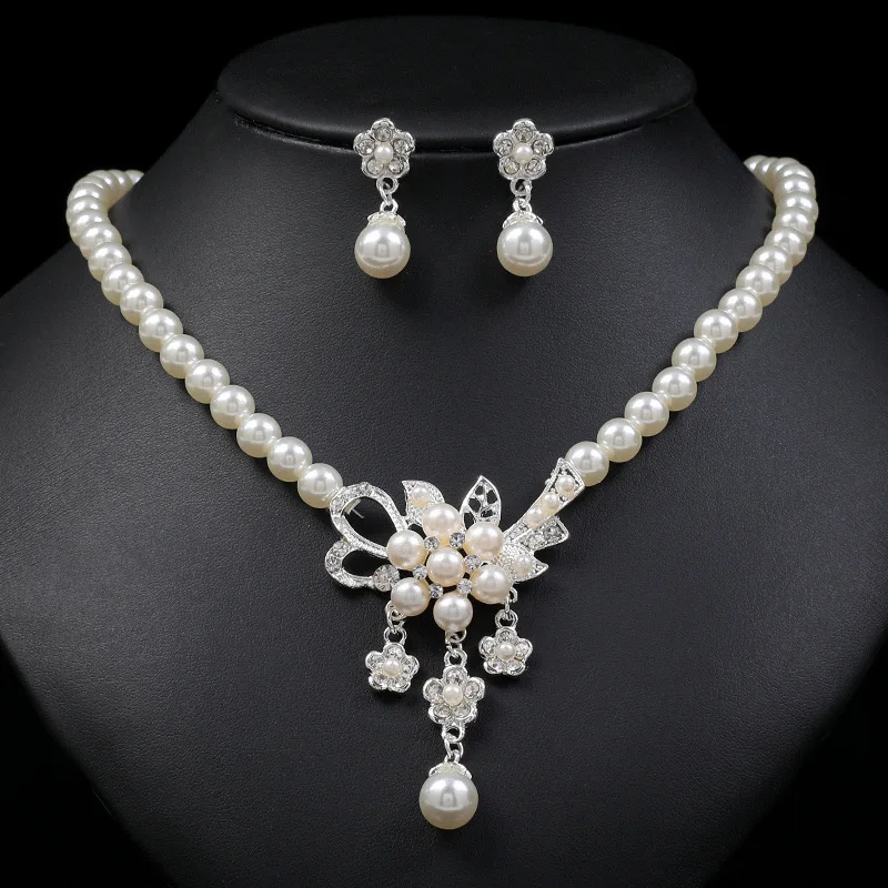 Fashion Jewelry Imitation Pearl Wedding Necklace Bridal Earring Women Elegant Rhinestone Jewelry Sets Party Gift