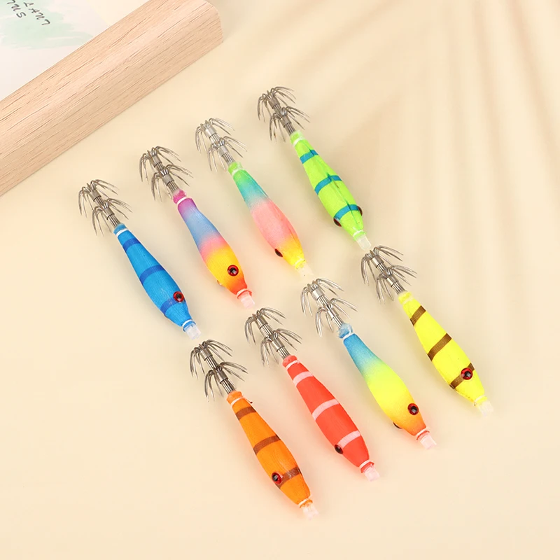 2pcs Colored Luminous UV Blowing Tube Fishing Lure Squid Hook Jig Wood Shrimp Bait Artificial Plastic Fishing Explosion Hook