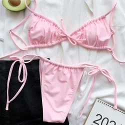 Sexy Sling Bikini Micro String Extreme Swimsuit Pink Bikinis Set Pleated Swimwear Women Bathing Swimming Suit Beach Outfit Tanga