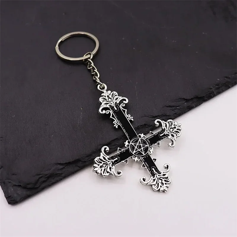 Indie Gothic Enamel Inverted Upside Down Cross Keychains Vintage Gothic Satanic Pagan Wiccan Druid Occult Jewelry