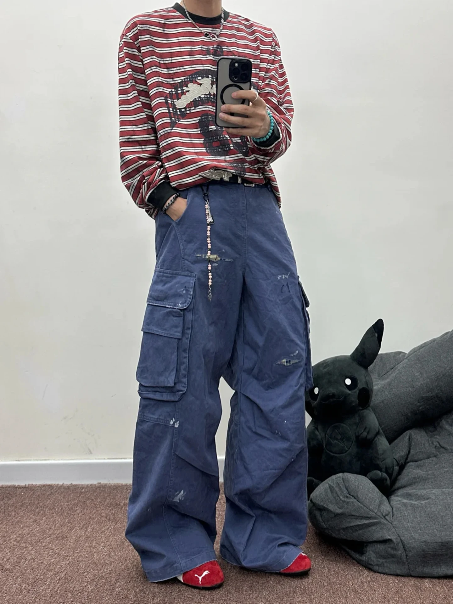 

Cleanfit Vintage Ripped Straight Leg Loose Workwear Pants Men Women Casual Trousers Blue Distred Patchwork Loose Fit