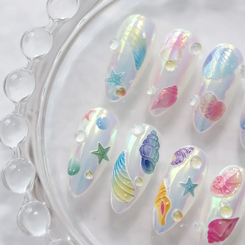 Fantasy Illusion Colored Shell Conch Starfish Pearl 5D Soft Embossed Reliefs Self Adhesive Nail Art Stickers Summer Beach Decals