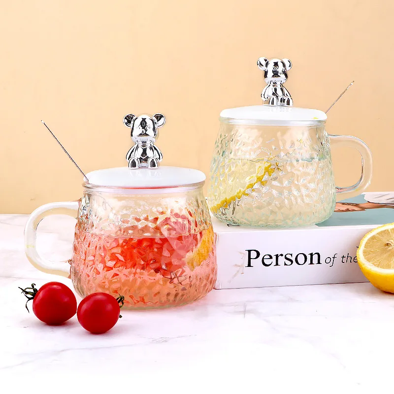 

Bear Hammered Glass Cup 350ml, Heat Resistant Coffee Milk Juice Cup, Thickened Crystal Glass with Steel Lid, Home Office Use