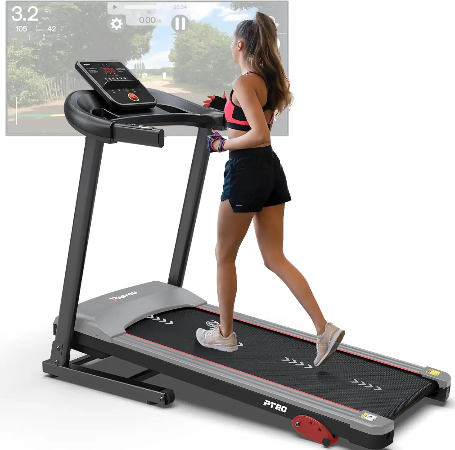 Cinta de correr para el hogar, cinta de correr compacta con conectividad Bluetooth, 15 programas, Monitor de ritmo cardíaco Plus