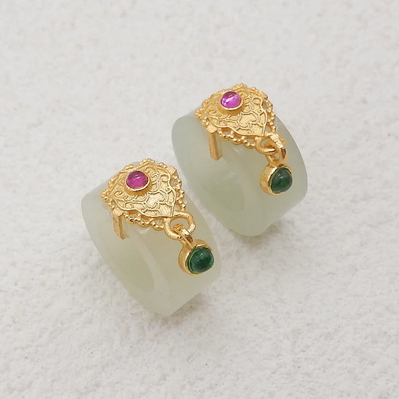 New Arrival! 1Pair Silver Gold Plated Natural Jade Gemstone Earring, Beads, Jewelry DlY Making Accessories