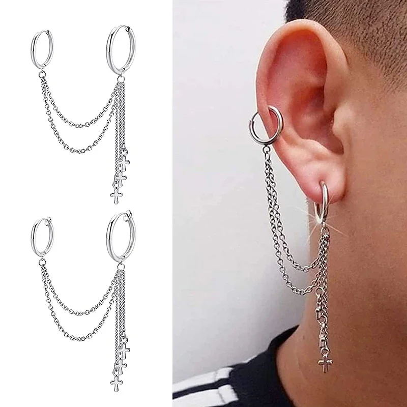 1Pcs Fashion Punk Cross Clip Earring Cross Chain Tassel Drop Pendant Metal Earrings for Women Men Hip Hop Gothic Jewelry Gift