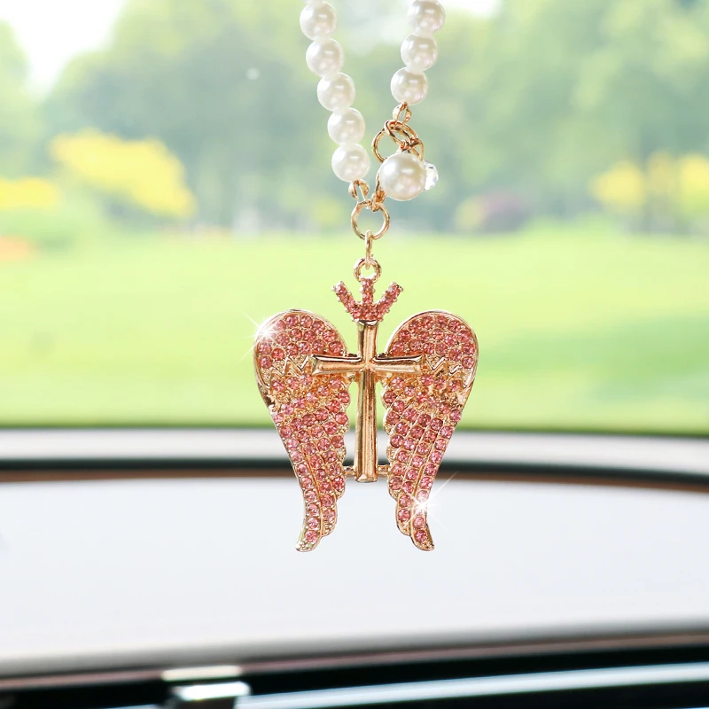 Creative Cute Diamond-Studded Crown Angel Car Pendant Exquisite Angel Wings Car Rearview Mirror Pendant Car Hanging Decoration