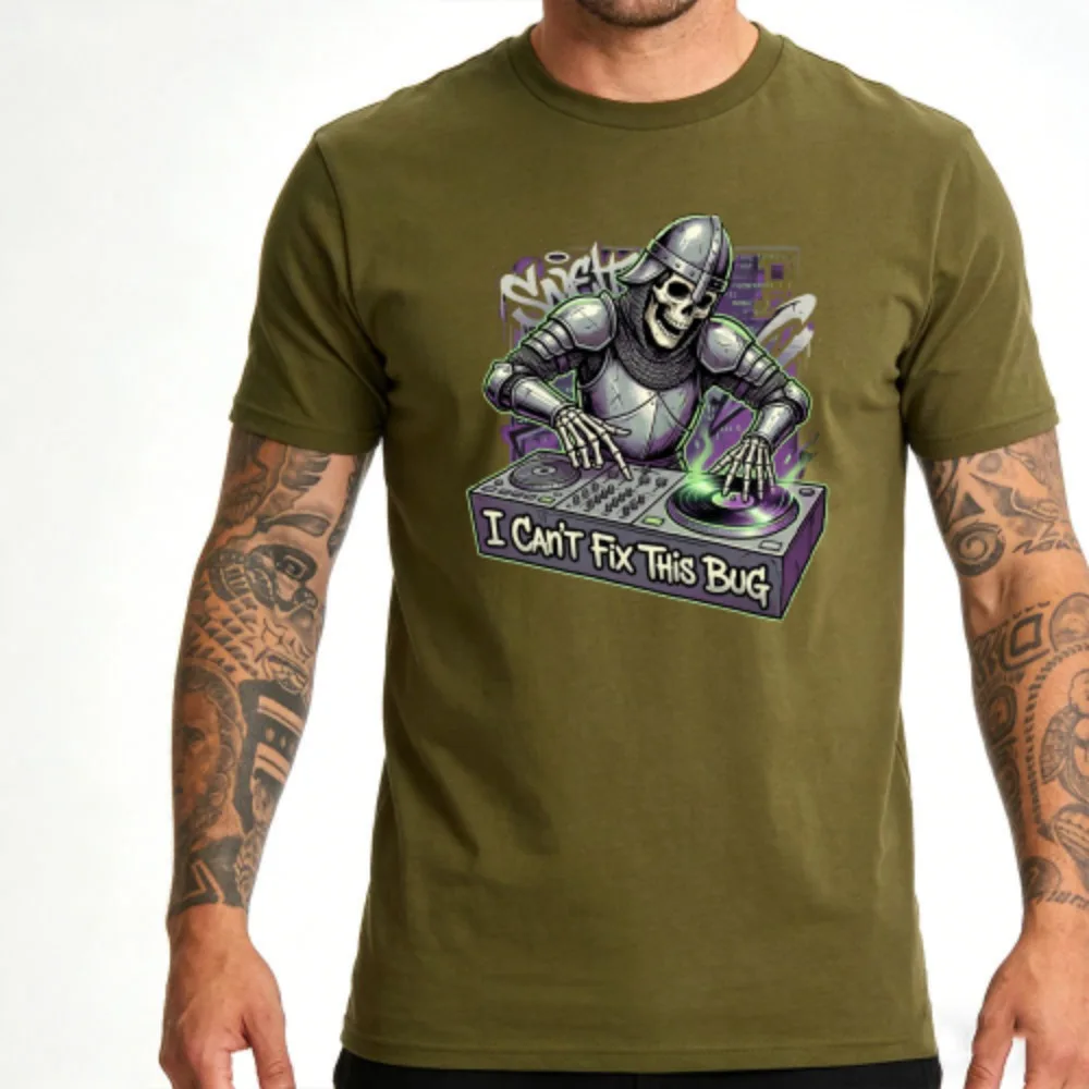 I Can't Fix This Bug Skeleton DJ Knight Funny Programmer Meme Tech Humor Casual Cotton Short Sleeve Crew Neck Graphic T-Shirt