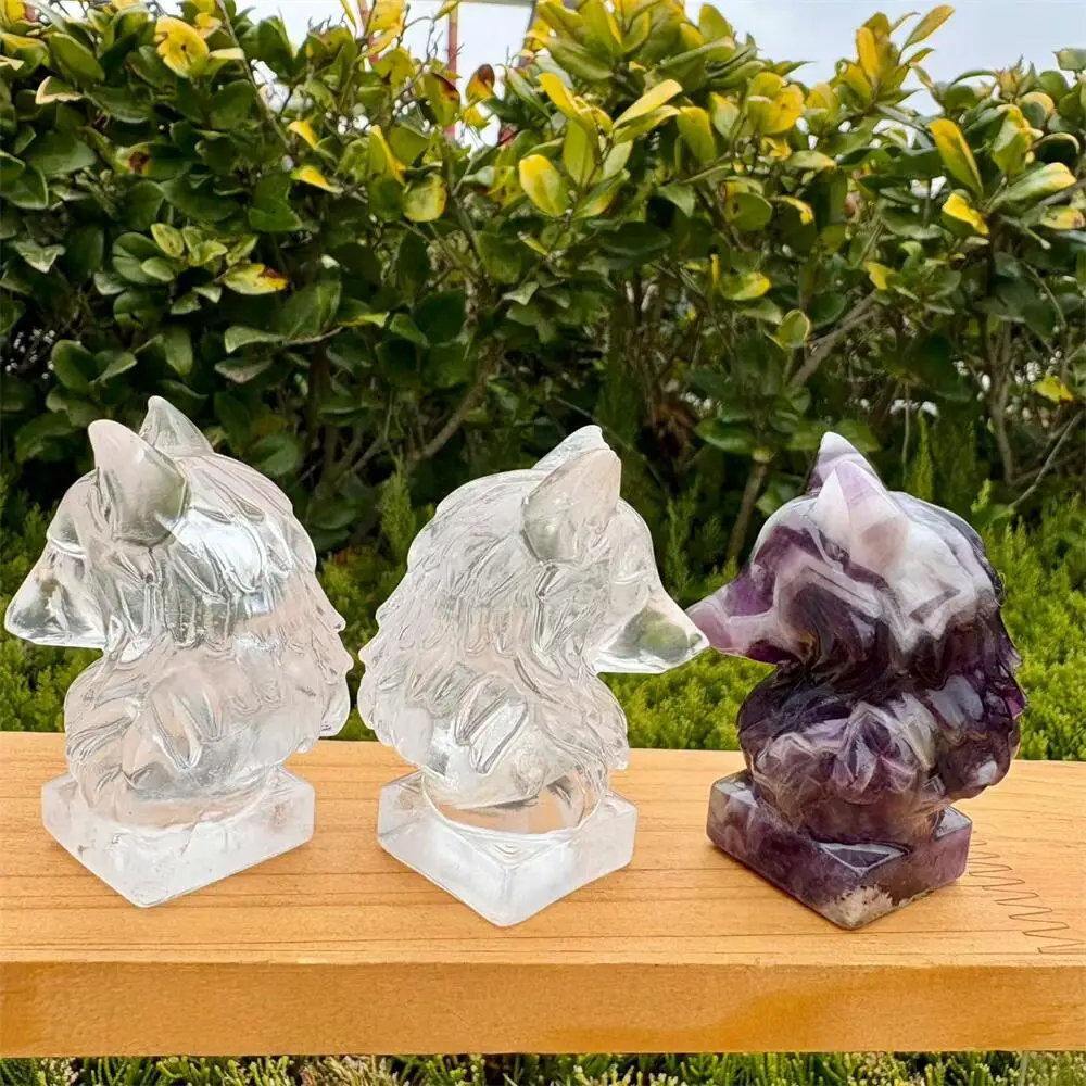 Natural 5.9cm Colored Quartz Wolf Head Carving Polished Healing Crystal Figurine Home Decor Animal Craft Gift 1pcs