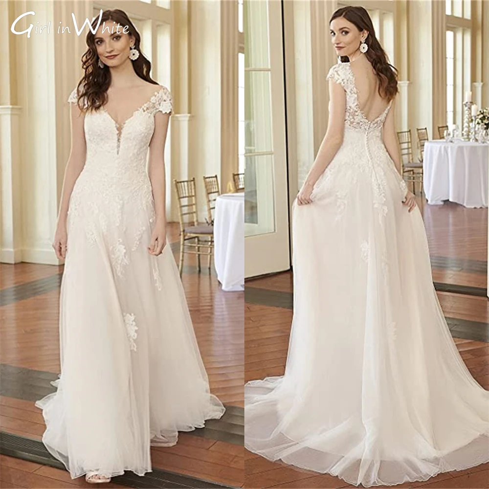 Elegante boné manga vestido de casamento a linha vestidos de noiva sem costas rendas apliques vestidos de noiva trem varredura vestidos de novia 2022