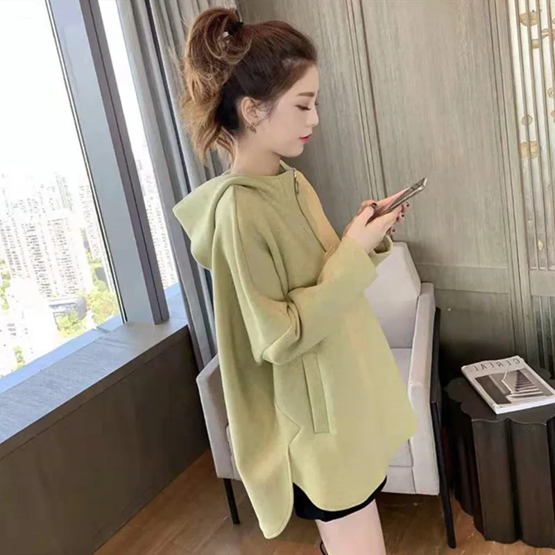 New Women's Solid Color Hooded Sweatshirt Long Sleeve Side Split Loose Comfortable Trendy Versatile Casual Daily Wear Sweatshirt