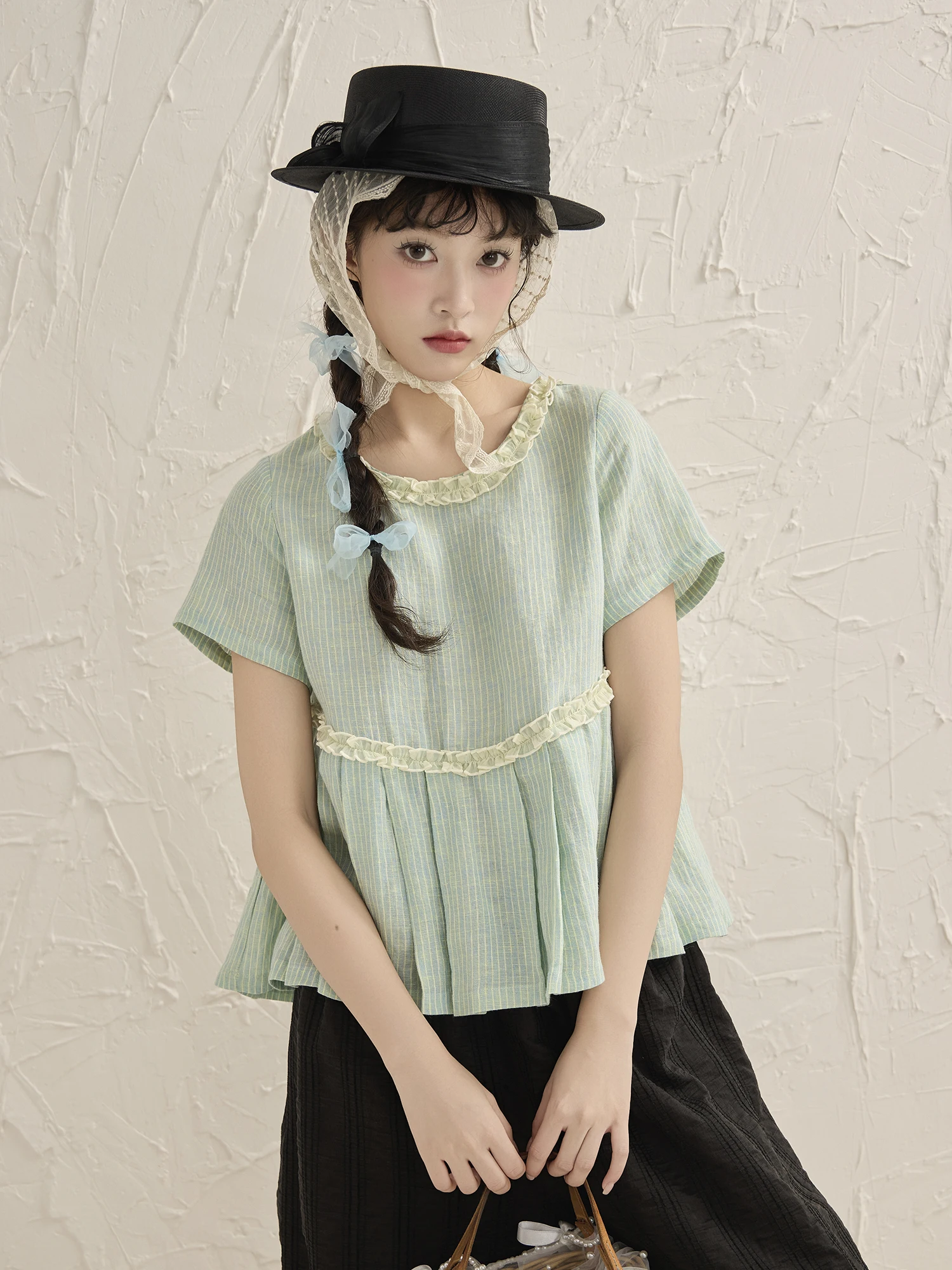 

Mens Day Joyful Sweet Artistic Color Blo Stripe Texture Linen ort Sve Loose Lace Collar Women's Top Faion Summer irt