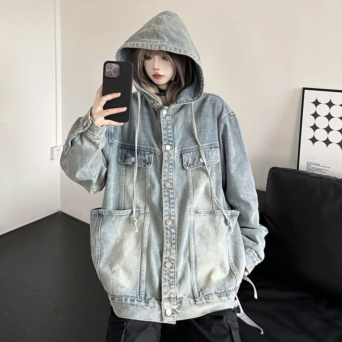 Spring Autumn Vintage Denim Jacket Three-dimensional Pocket Workwear Top Women Men High Street Coat Handsome Wash Jeans Coat