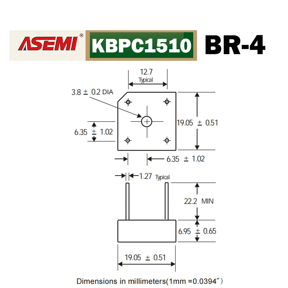 KBPC1510 15A 1000V Bridge Rectifier BR-4 with Heatsink ASEMI