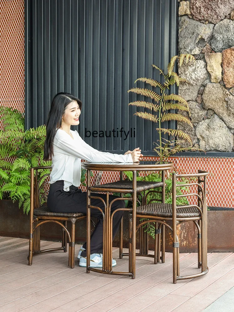 Balcony Three-Piece Tables and Chairs Combination Suit Chinese Tea Table and Chair Simple Rattan Chair