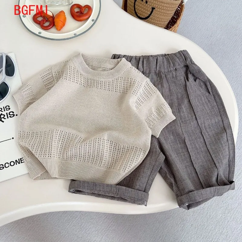 Baby Boys Summer Outfits Set Baby Ginkgo Hollow Knitted Shirt+Grey Blazer Kid Casual Nine Point Pants 2PCS Set Trendy 1-5Y
