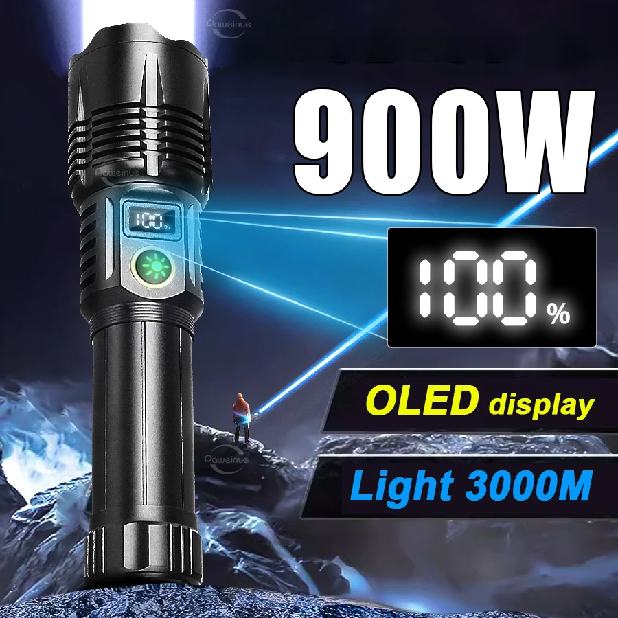 New 900W High Power LED Flashlight 900000 Lumens Torch Type-C Rechargeable Work Light Waterproof Tactical for Adventure Camping