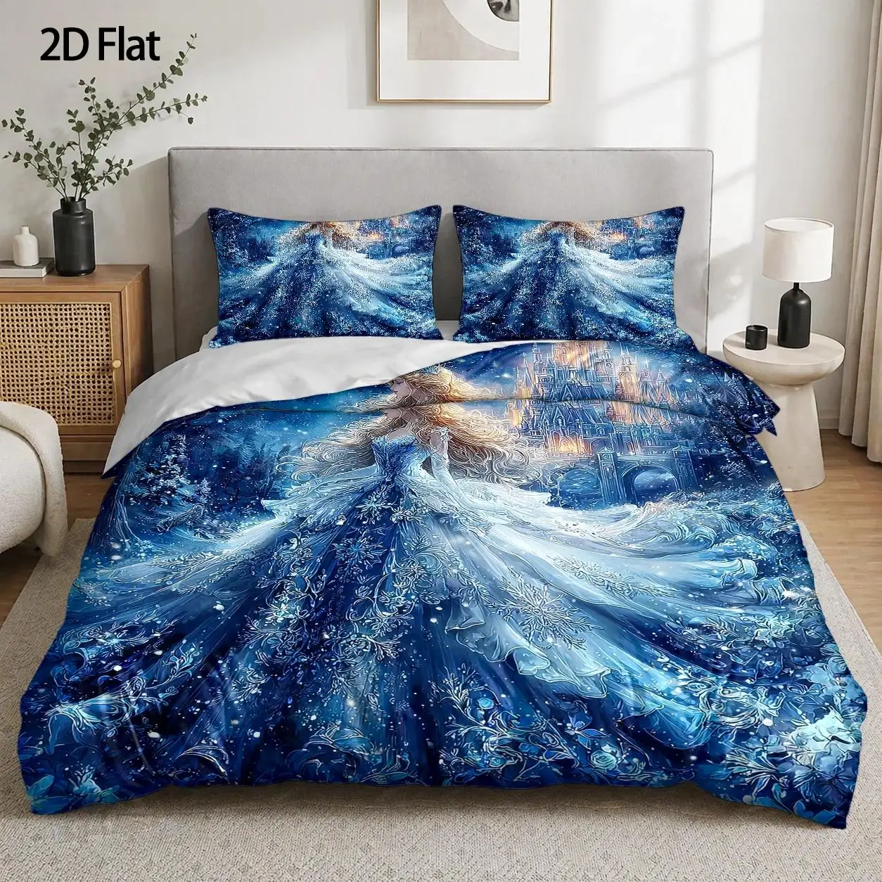 3-Piece Quilt Cover Set, 1 Quilt Cover + 2 Pillowcases (Without Filling), Ice Queen Theme, Romantic Fantasy Style, Christmas, Warm, Large Quilt Cover Set, Suitable for All Seasons, Machine Washable, Invisible Zipper, Suitable for Home, Dormitory, Master Bedroom, Guest Room