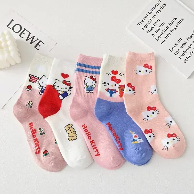 

5pairs Cartoon Sanrio Hello Kitty Anime Mid-Calf Socks, Cute Gilrs College Style Mid Tube Socks Women's Stockings & Hosiery