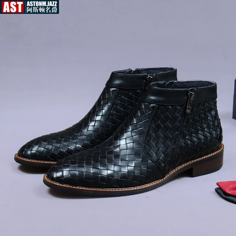 Genuine Leather Woven Chelsea Boot Men Fashion Dress Boots New Autumn Ankle Boots Plus Size 37-46 Formal Shoe Bota Masculina