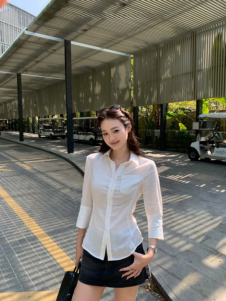 

MUKOK White Cotton Collar irt Women's Long Sve Slimming Waist Design Simple Sle Versatile Busin Casual irt