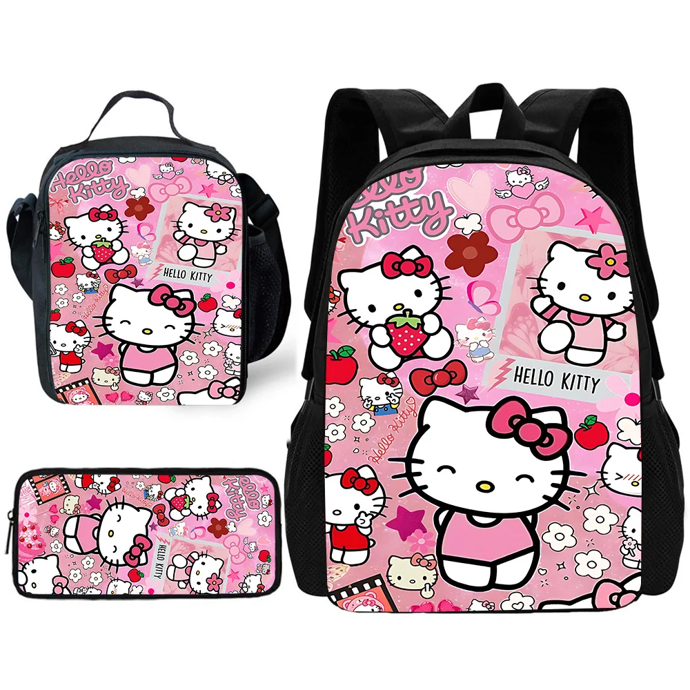 Child Cute Sanrios Hello Kitty Kuromi School Backpack with Lunch Bags ,Pencil Bags ,School Bags for Boys Girls Best Gift