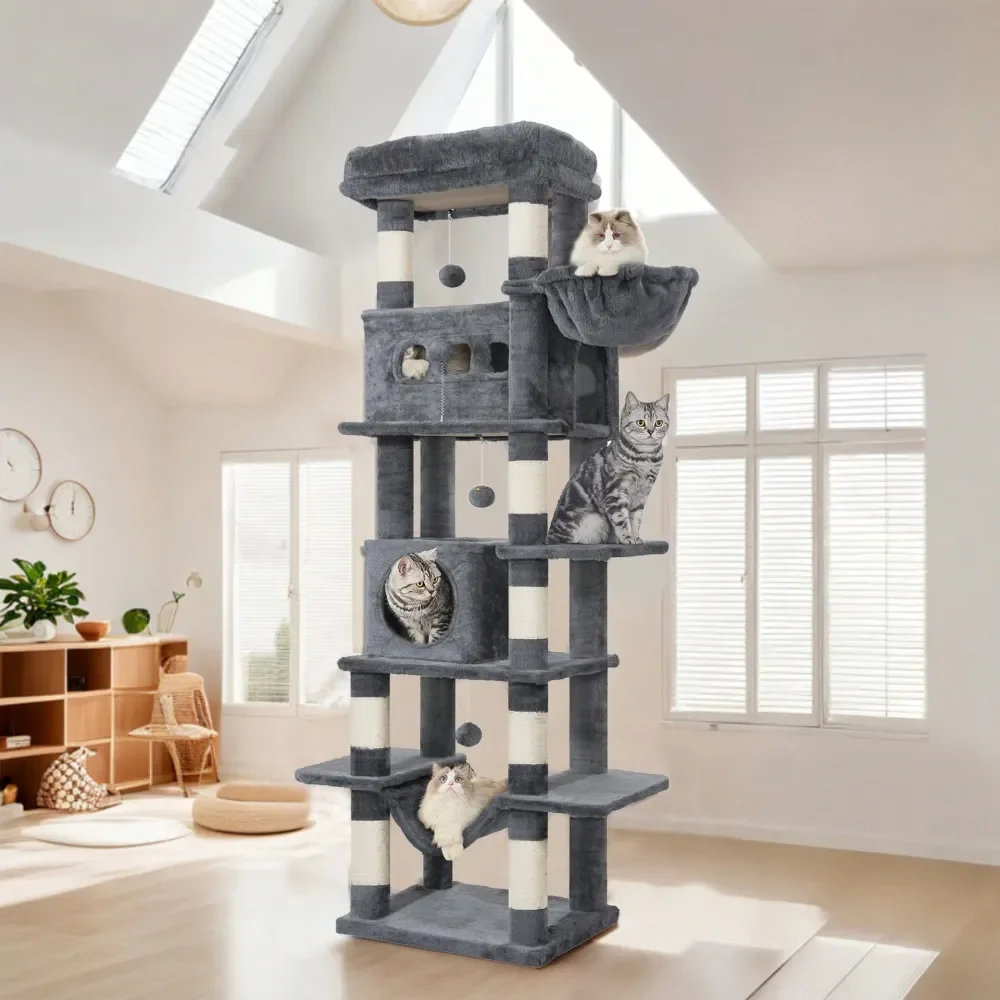 

Cat Tree, 67 Large Tall Cat Tower For Indoor Cats, MultiLevel Cats House With Condo, 8 ching Posts, Hammock, 4 Pom Poms, D