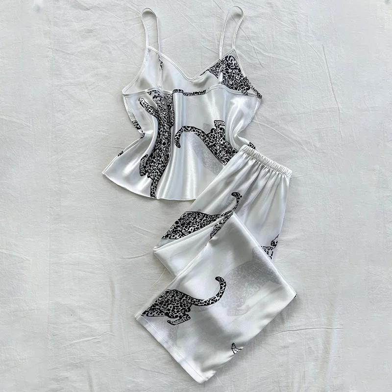 Leopard Print Camisole Top Elastic Waist Straight Leg Pants Fashionable Simulation Silk Home Clothes Comfortable Pajama Set