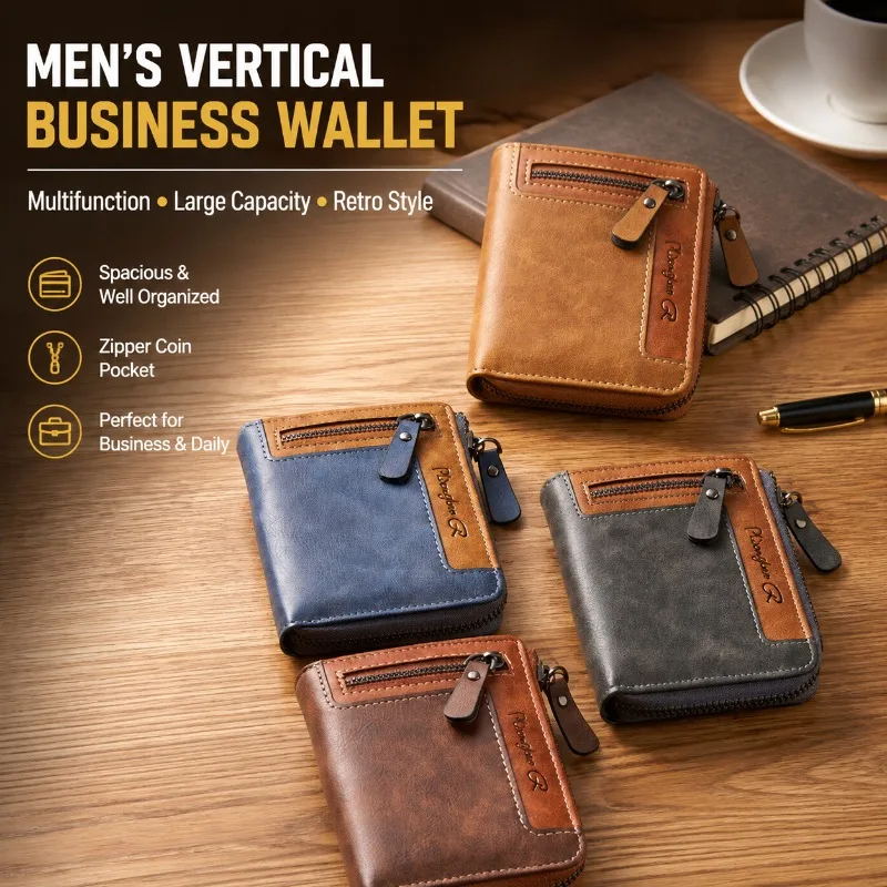 Men's Vertical‑style Business Wallet Multi‑functional Large‑capacity Retro Casual Zipper Coin‑purse for Card‑cash Storing Daily