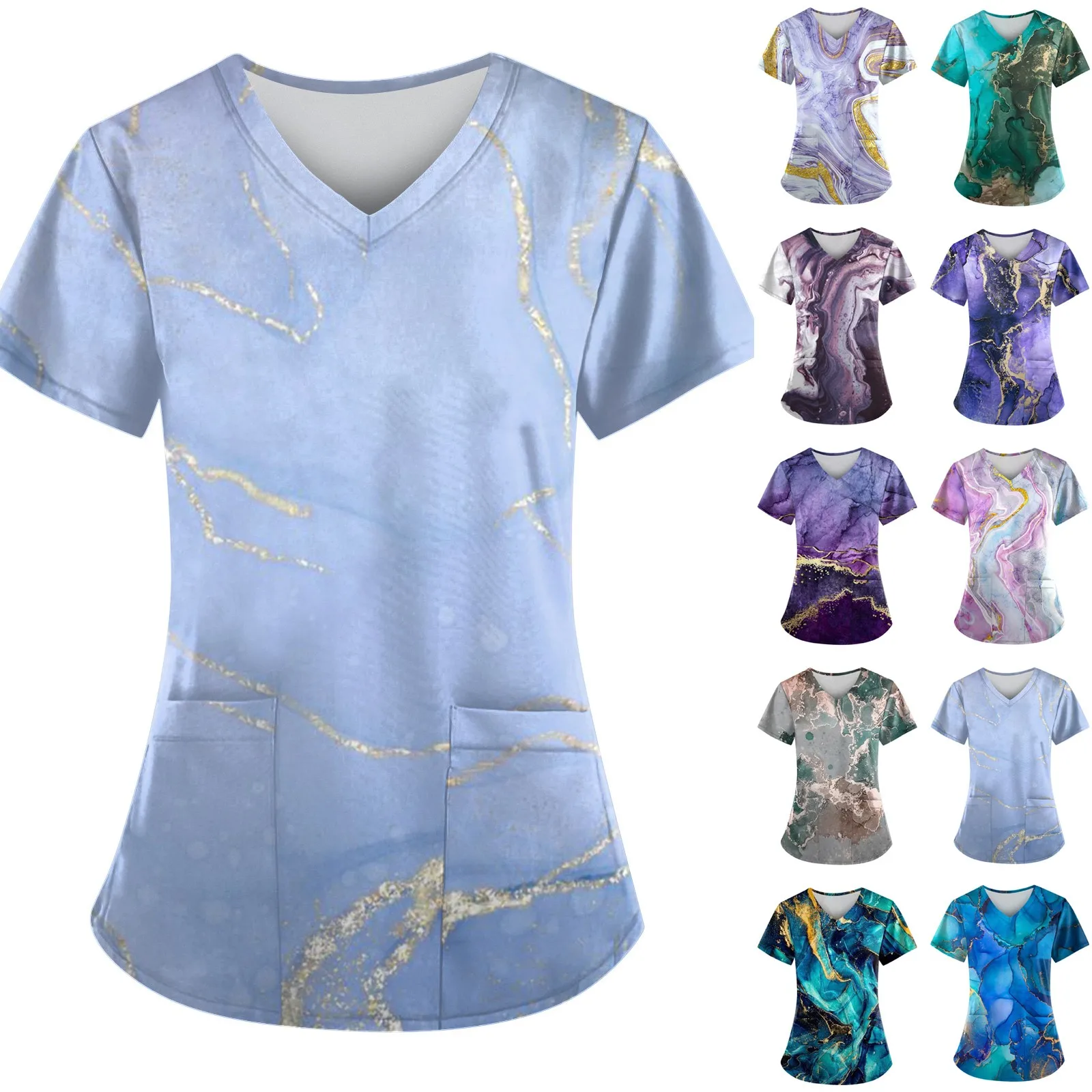 Casual Nurse Uniform Print Women Short Sleeve Tops V-neck Blouse Shirt Pocket Beauty Care Scrub Uniforms Enfermera Mujer