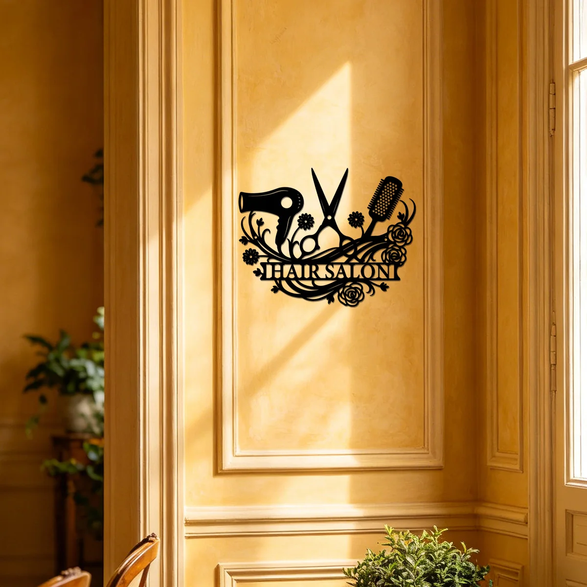 Hair Salon Tools Metal Wall Art Custom Name, Personalized Barber Shop Sign, Floral Laser Cut Decor  Salon Reception Wall Art